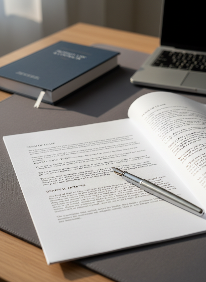 A close-up, photographic image of an open commercial lease document on a refined grey fabric desk pad, the black serif text sharply in focus around key clauses, with a chrome fountain pen resting diagonally across the lower margin. The paper has a slight texture, catching soft afternoon daylight that streams in from a nearby window, creating delicate highlights on the pen’s polished barrel. In the softly blurred background, a minimalist legal reference book with a dark cover and a slim metallic bookmark sits parallel to a closed laptop. Shot from a slightly elevated angle with shallow depth of field, the composition feels precise, calm, and meticulous, embodying thorough lease negotiation and legal accuracy for a professional solicitor’s website.