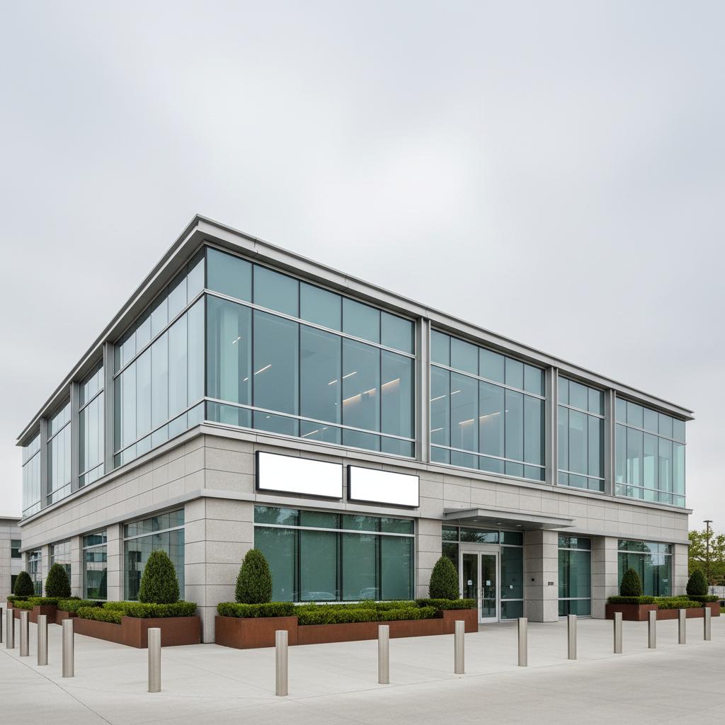 A high-resolution exterior view of a modern mid-rise office building, featuring clean glass curtain walls, brushed metal framing, and a subtle mix of light stone cladding at street level. Clear signage panels are intentionally blank, ready for digital branding. The building stands on a wide, tidy pavement with neatly aligned stainless-steel bollards and low-maintenance planters containing structured evergreen shrubs. Soft overcast daylight creates even, shadow-free lighting, emphasizing the crisp geometry and transparent reflections in the glass. Photographic realism from a slightly low angle enhances the sense of stature and reliability. The composition uses the rule of thirds, with generous negative space in the sky above, producing a confident, contemporary, and trustworthy mood appropriate for a commercial property law setting.